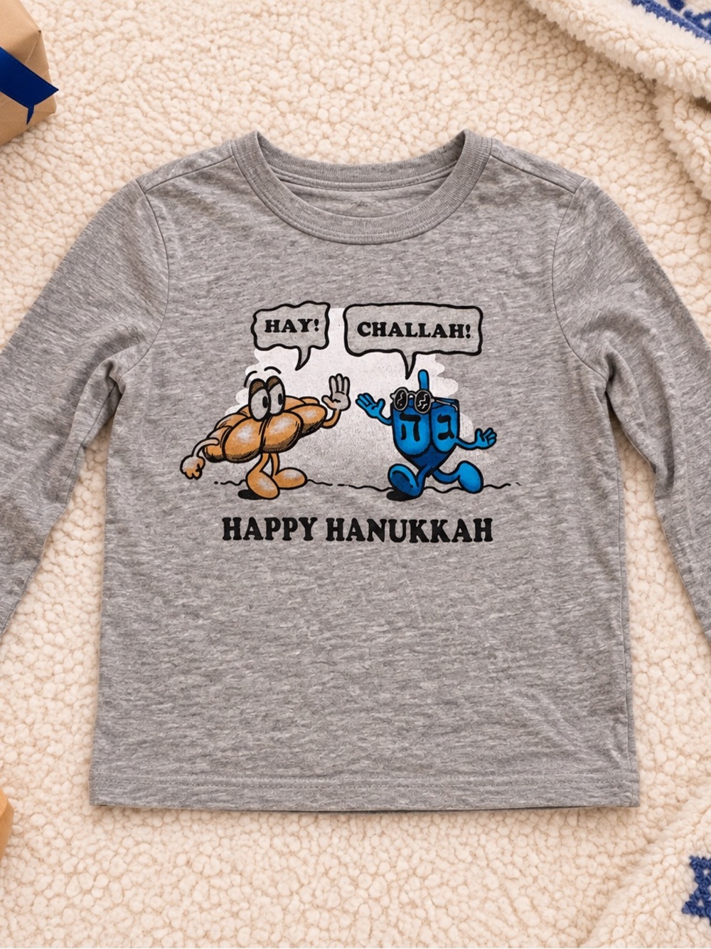 GAP Grey Long-Sleeve Hanukkah Tee with Blue Dreidel and Tan Challah